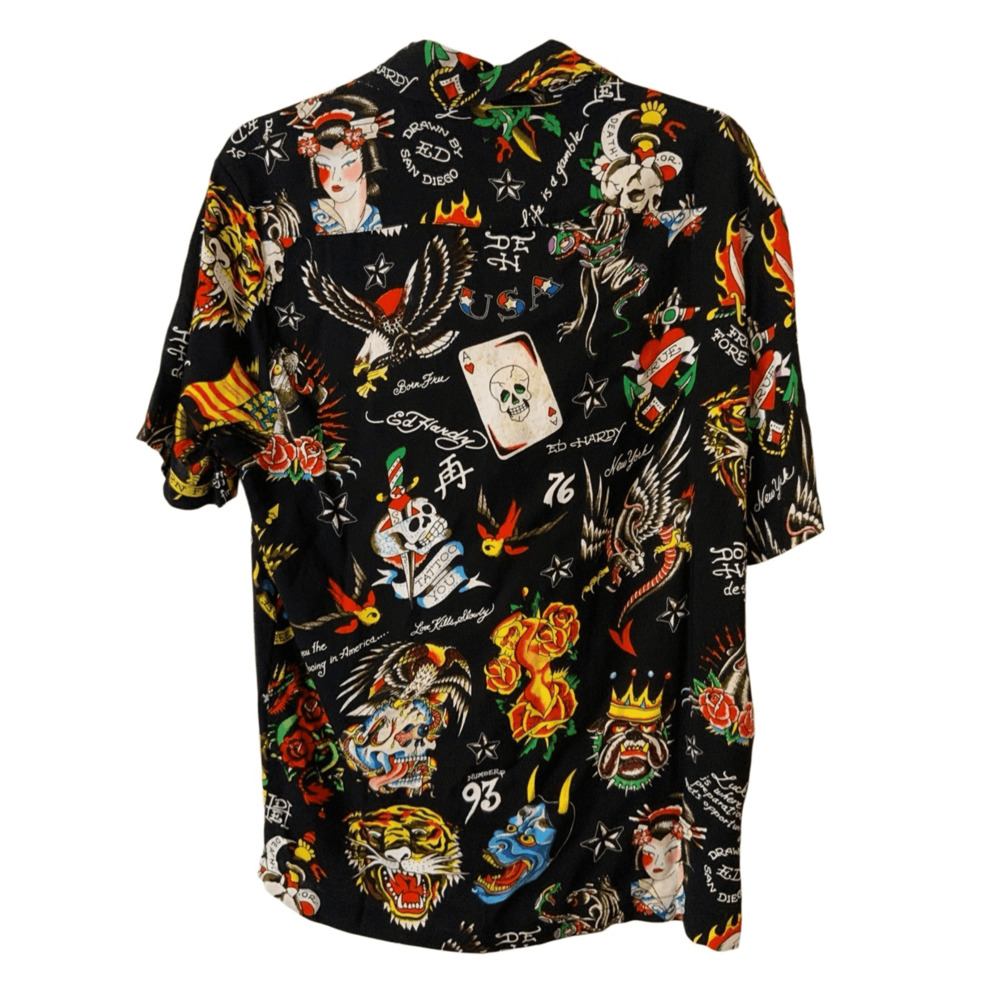ED HARDY Button Up Shirt Tattoo Sz Small Skull Lion Tiger - Picture 2 of 9